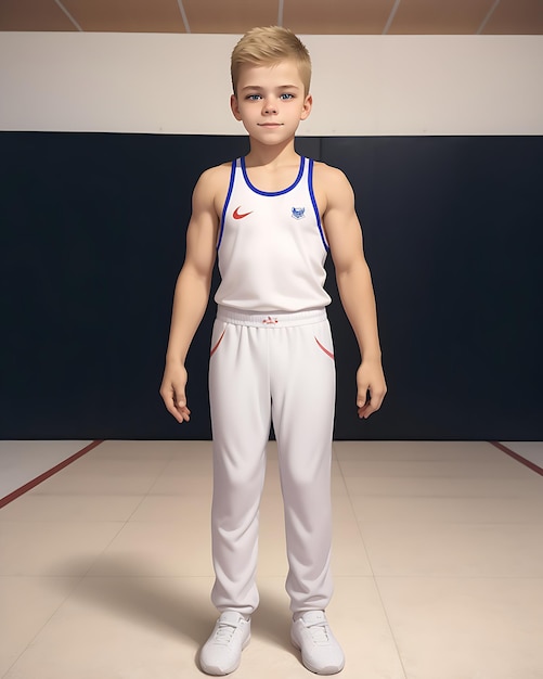 Niño con uniforme de gimnasia con un diseño atractivo.