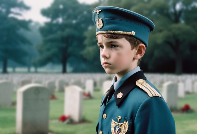 un niño en uniforme militar de pie frente a un cementerio