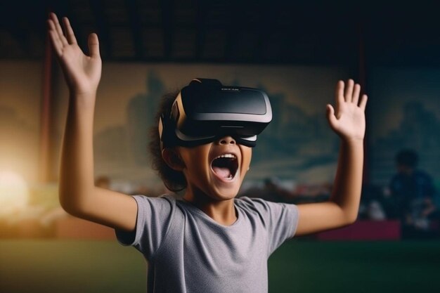 un niño usando un auricular de realidad virtual con la palabra "ir en él"