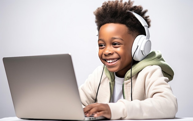 Niño usando auriculares y portátil aislado en un fondo transparente