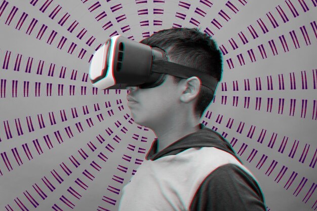Foto niño usando auriculares de simulador de realidad virtual
