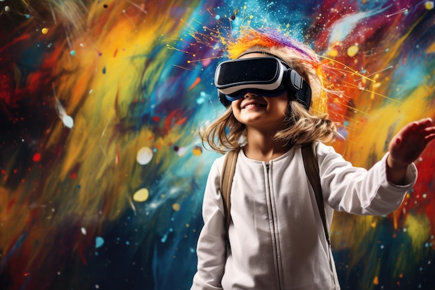 Niño usando auriculares VR usuario mundo surrealista y realidad virtual coloridos campos de flores IA generativa