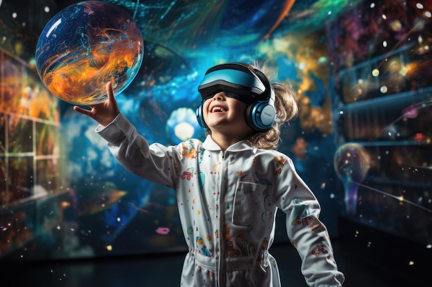 Niño usando auriculares VR usuario mundo surrealista y realidad virtual coloridos campos de flores IA generativa