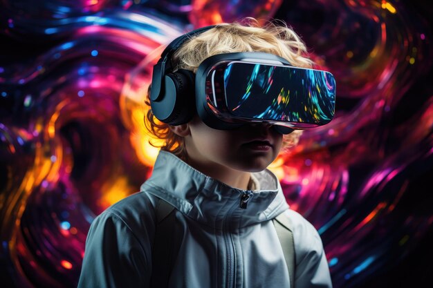 Niño usando auriculares VR usuario mundo surrealista y realidad virtual coloridos campos de flores IA generativa