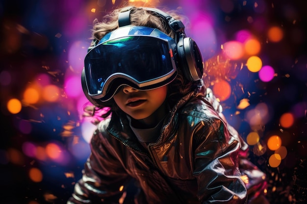 Niño usando auriculares VR usuario mundo surrealista y realidad virtual coloridos campos de flores IA generativa