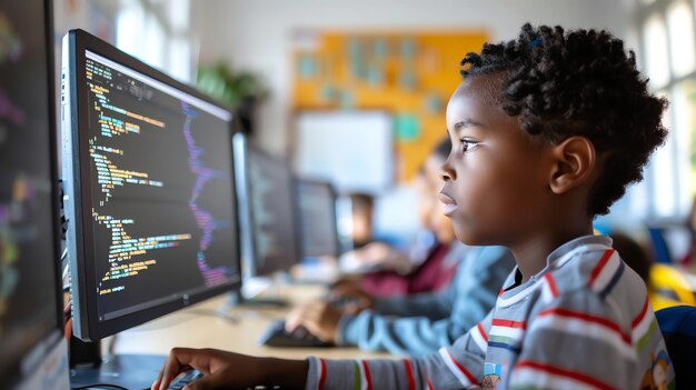 Niño usando una computadora en un aula enfocado en la pantalla con código en exhibición