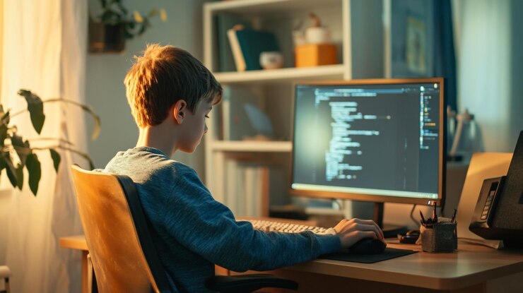 Foto niño usando la computadora en el escritorio en el lugar de trabajo en el hogar