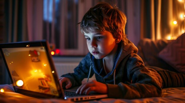 Niño usando una computadora portátil en una habitación acogedora con iluminación ambiental