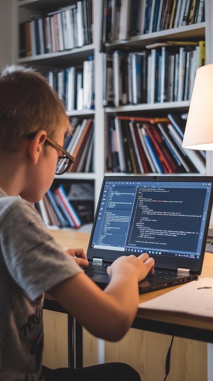 Foto niño usando una computadora portátil programando código de ingeniería y escribiendo programas de erudición