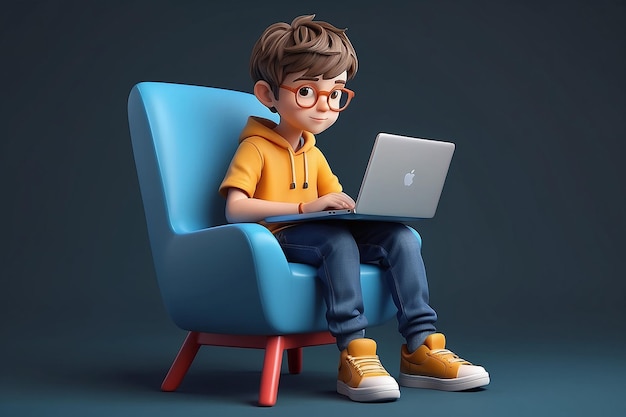 Niño usando una computadora portátil y sentado en la silla Ilustración de personajes en 3D