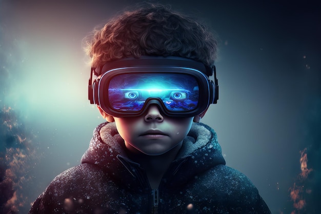 Niño usando gafas de realidad virtual para jugar videojuegos en el Metaverso