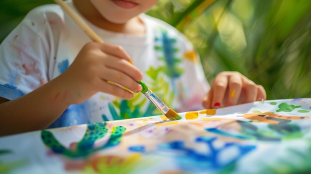 Foto un niño está usando un pincel para pintar un diseño colorido en una camiseta blanca sencilla la pintura que están usando