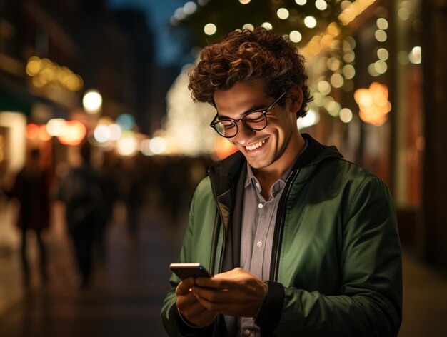 Foto niño usando teléfono móvil en la calle