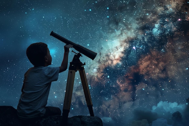 Niño usando un telescopio para mirar las estrellas en el cielo nocturno Un niño con un telescopio mirando las estrellas
