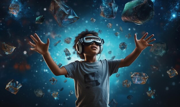 Niño usando VR para explorar el universo la educación futurista y la tecnología de entretenimiento