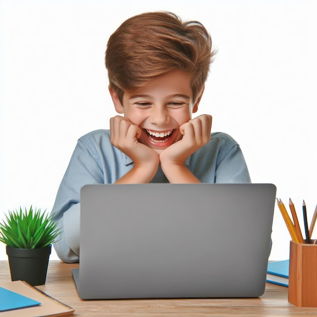 Foto niño usar computadora portátil y reír muy aislado en fondo blanco