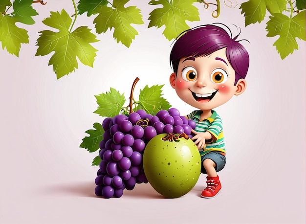 Foto un niño con uvas y uvas