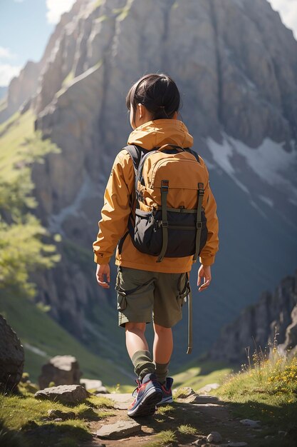 Un niño valiente y aventurero con una mochila emprendiendo un viaje