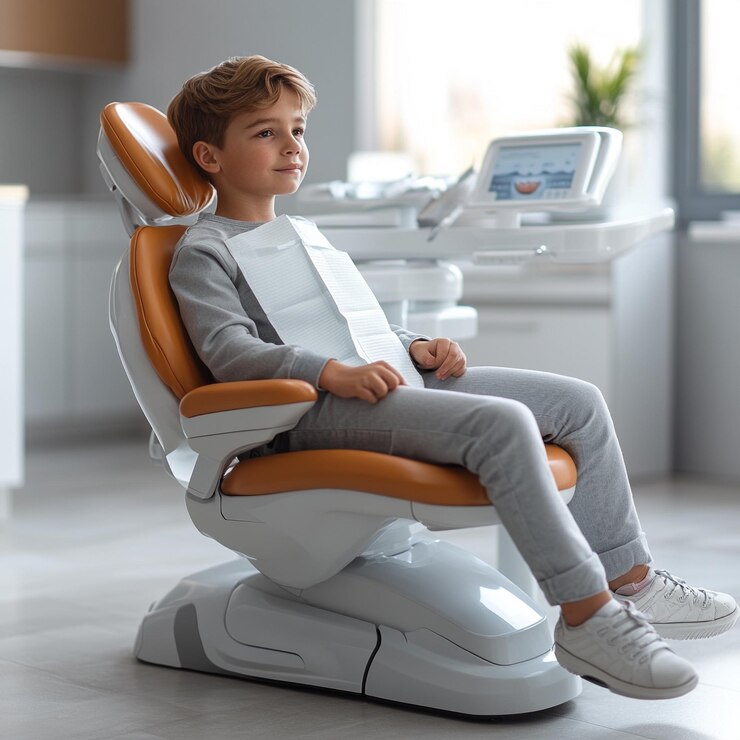 Un niño valiente en la clínica dental para un chequeo