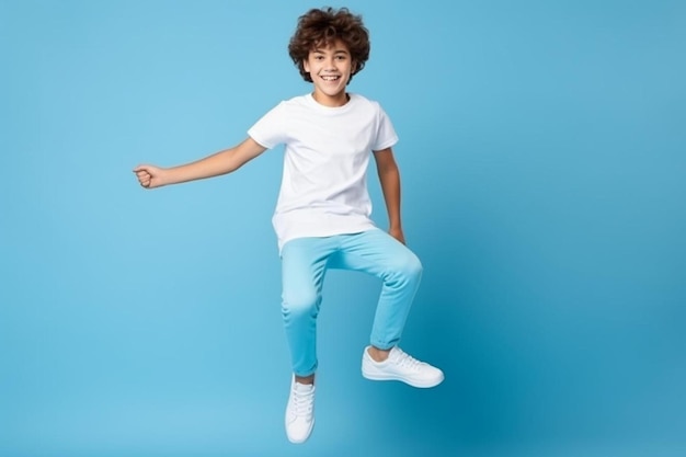 un niño en vaqueros azules y camisa blanca saltando en el aire