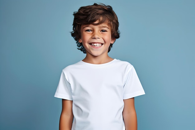 Niño varón con maqueta de camisa blanca de lona bella en fondo azul Plantilla de camiseta de diseño maqueta de presentación de impresión generada por IA