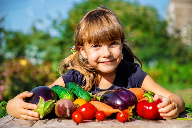 Foto niño y verduras en la granja. enfoque selectivo