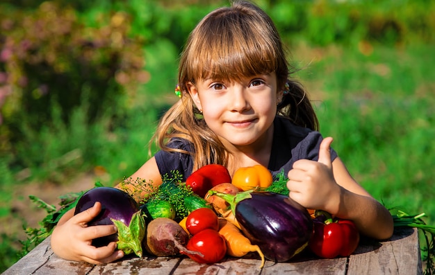 Foto niño y verduras en la granja. enfoque selectivo