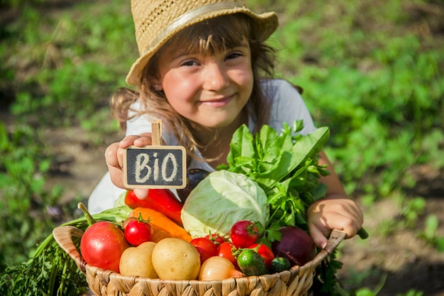 Niño y verduras en la granja Naturaleza de enfoque selectivo