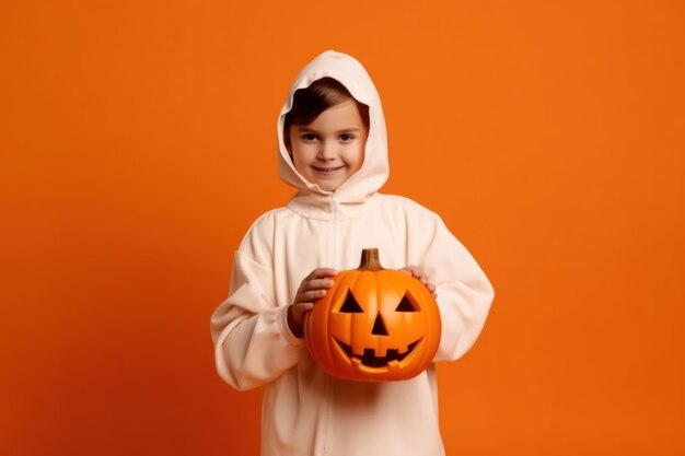 un niño vestido de blanco sostiene una calabaza.