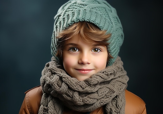 Niño vestido cálidamente con un sombrero de lana y una bufanda Tiempo de invierno Foto de estudio generada por IA