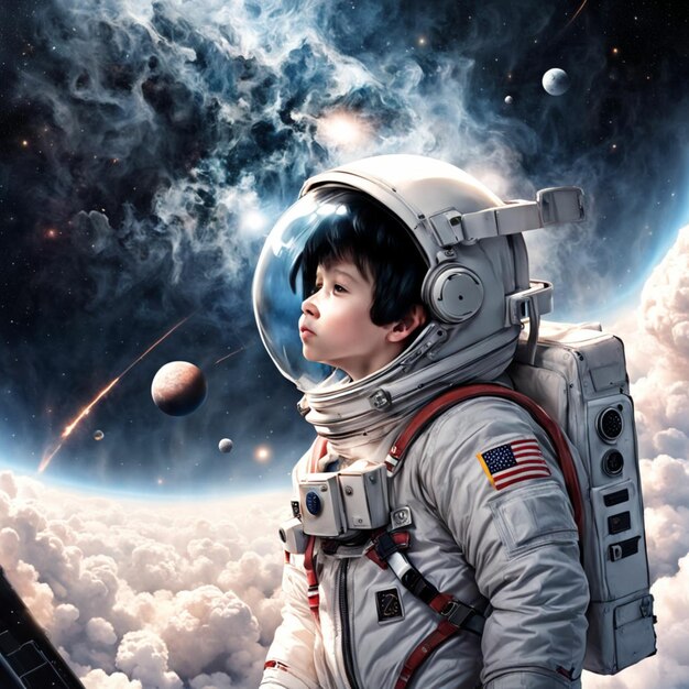 Foto niño vestido como un astronauta mirando al cielo por la noche astronauta viendo el cielo astronauta