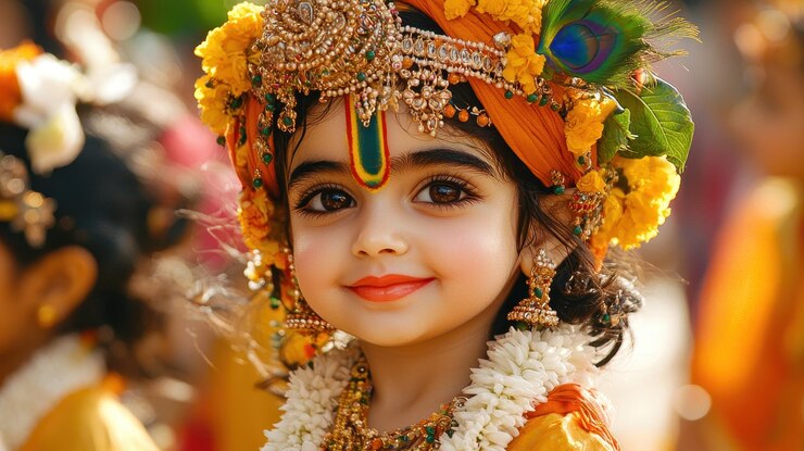 Niño vestido como el dios hindú Krishna con flores y joyas