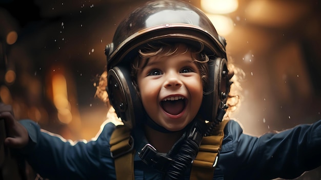 un niño vestido como piloto está fingiendo volar un avión imaginario