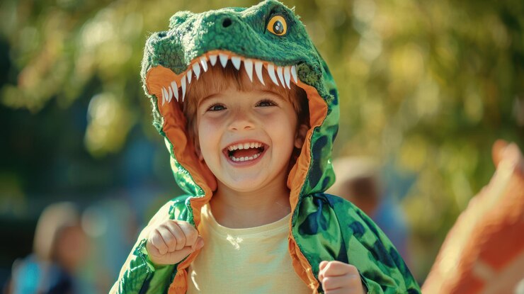 Un niño vestido de dinosaurio durante una obra escolar que ilustra la creatividad y la diversión en la educación