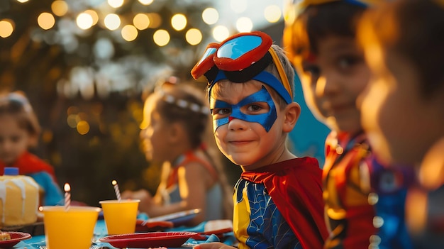 Un niño vestido con un disfraz de superhéroe se sienta en una mesa con sus amigos