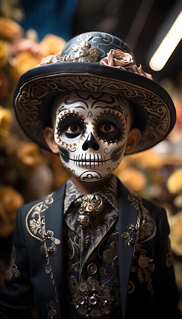 Un niño vestido de esqueleto para Halloween.