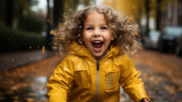 Un niño vestido con un impermeable y jugando felizmente en un clima lluvioso.