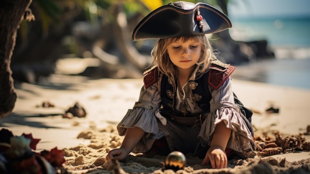 Un niño vestido de pirata en busca de un tesoro.