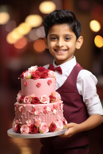 niño con un vestido rojo sosteniendo un gran pastel de cumpleaños