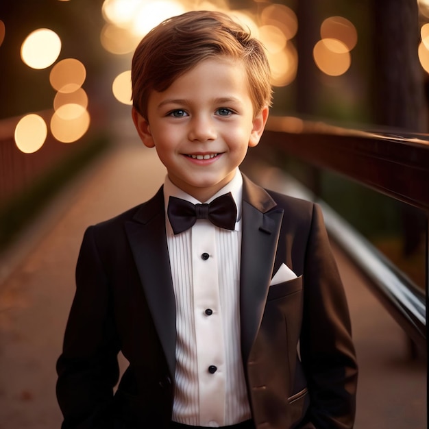 Niño vestido con un smoking formal y una pajarita vestido para una elegante celebración de la alta sociedad