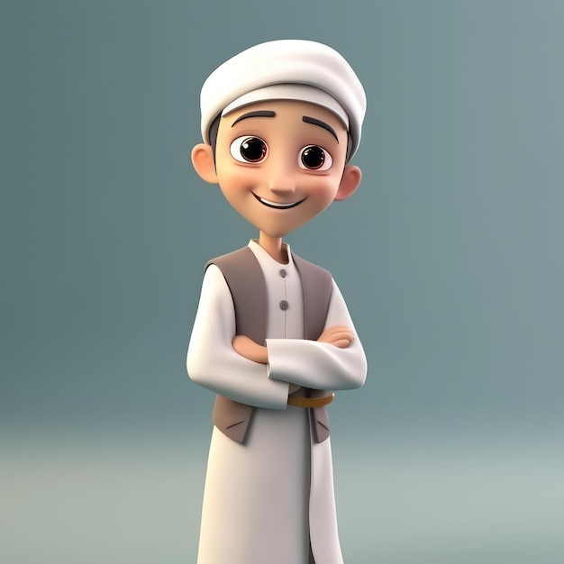 Un niño vestido con un traje musulmán está de pie con los brazos cruzados.