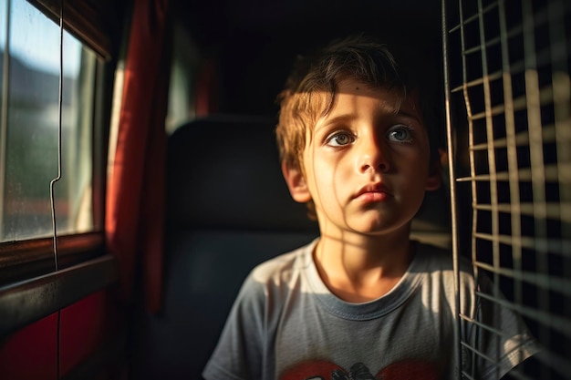 Niño viajando en un viejo tren