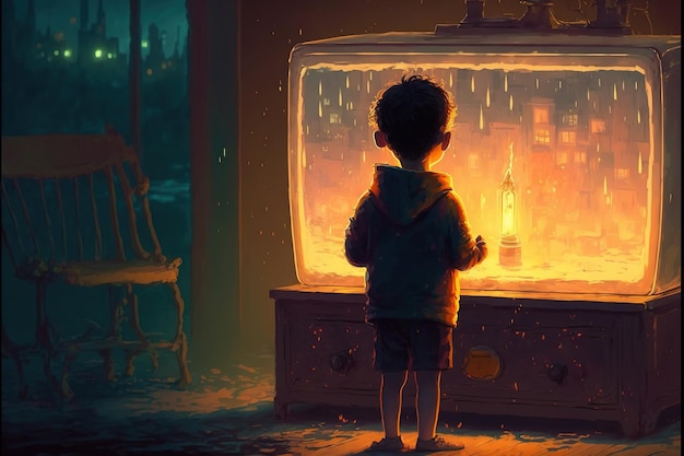 Niño viendo brillar y chispas saliendo de la televisión Escena nocturna del niño viendo una televisión antigua que brilla y chispas salen volando pintura de ilustración de estilo de arte digital