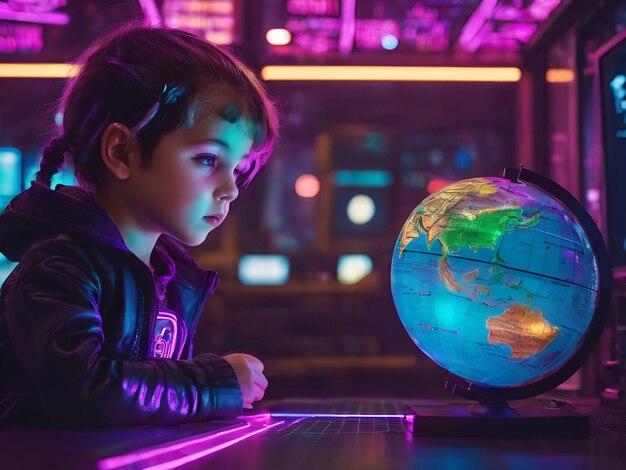 Foto niño viendo el globo para explorar el mundo geografía