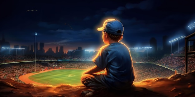 Un niño viendo un partido de béisbol por la noche.