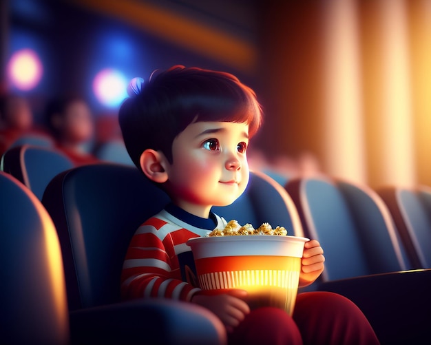 Un niño viendo una película en un cine.