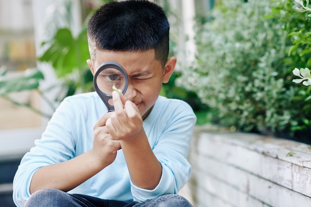 Niño vietnamita curioso mirando la hoja verde a través de una lupa al explorar la naturaleza