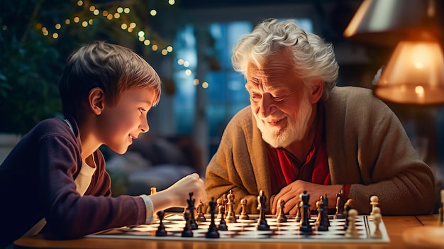 Niño vinculado intergeneracional aprendiendo estrategias de ajedrez del abuelo