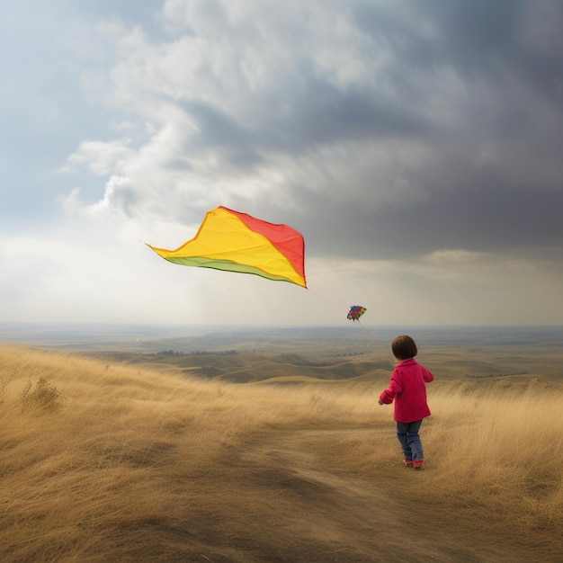 Un niño volando una cometa en un campo con un cielo nublado al fondo.