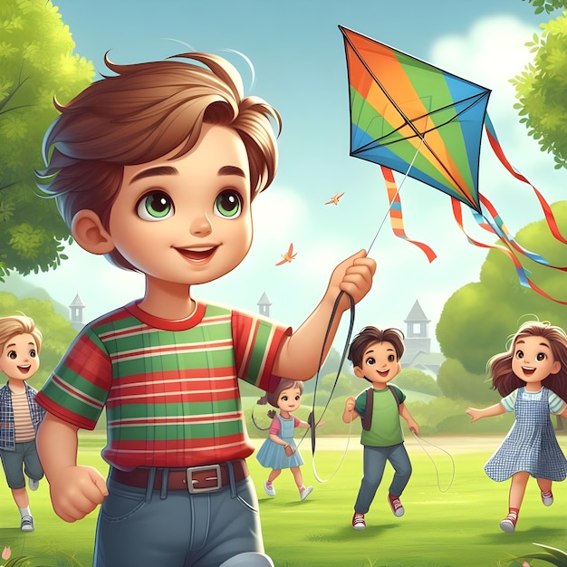 Un niño volando una cometa en un parque con otros niños